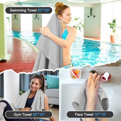 Quick Dry Travel Towel, 3 Sizes 1 Pack Camping Microfiber Towel, Lightweight Fast Drying Towels Set 60"x30", 30"x15", 15"x15" w/Bag for Gym, Beach, Hiking, Swimming, Grey - color: Grey