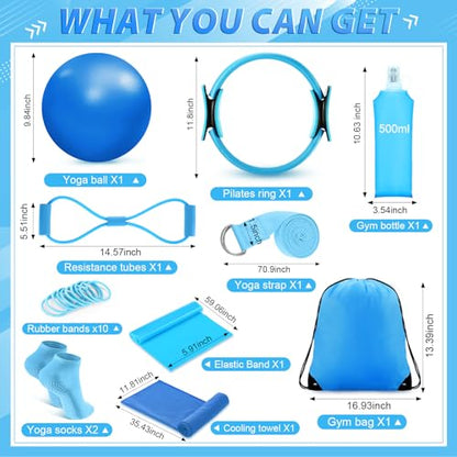 Halloscume 24 Pcs Pilates Kit, Home Pilate Equipment for Women, Pilates Ring and Ball Set with Stretching Strap, Water Bottle, Magic Circle, Yoga Ring, Gym Bag, Resistance Band, Anti Slip Sock - color: Blue