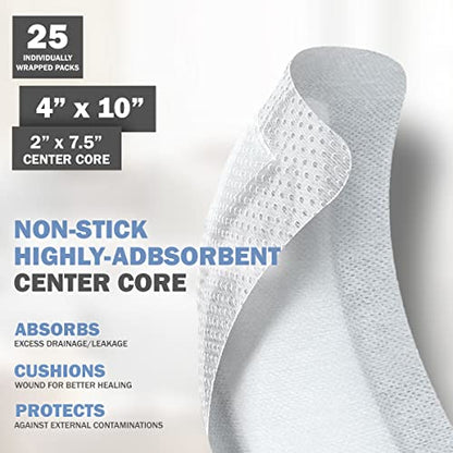 EVERLIT Island Dressing Bordered Gauze | Large Wound Care Bandage with Adhesive Border| Sterile, Soft & Highly Absorbent Medical Grade Dressing Pad (4x10 Inch (Pack of 25)) - size: 4x10 Inch (Pack of 25)
