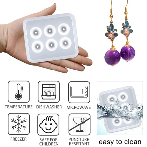 Silicone Resin Mold, 6 Cavity Round Design, for Cabochon Gemstone Pendant Earrings Jewelry Casting Set of 2 - color: Round Reisn Molds ZH374