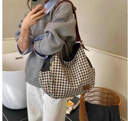 Worldlyda Women Canvas Hobo Purse Multi Pocket Tote Shopper Shoulder Bag Casual Top Handle handbag with Embroidery Ethnic - color: Be06black-houndstooth