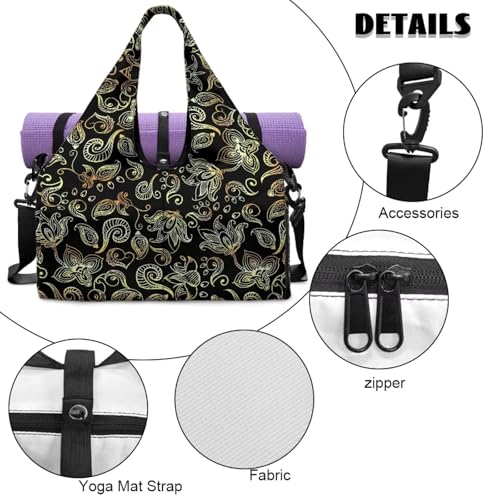 Yoga Gym Bag with Removable Adjustable Shoulder Strap, Shoe Compartment & Top Yoga Mat Holder 17.72x8.66x9.84in - color: Gold Paisley Flower Print