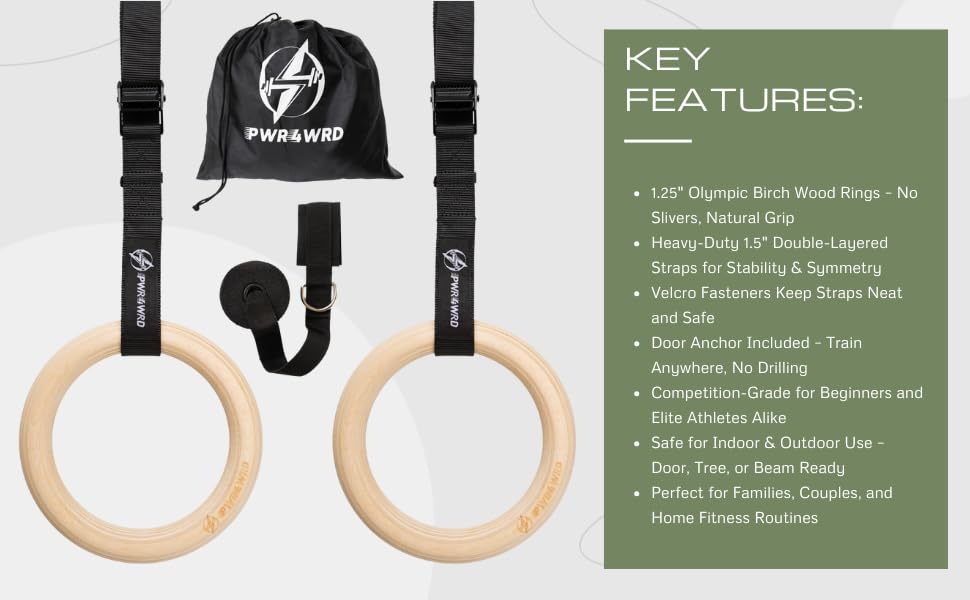 Gymnastic Rings - Durable Home Workout Equipment w/Adjustable Straps & Secure Buckle - Portable 1.25" Olympic Rings for Home & Gym - Exercise Rings for Workout Bodyweight Fitness Training
