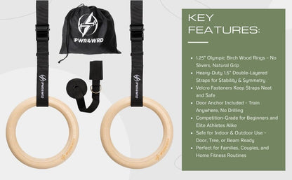 Gymnastic Rings - Durable Home Workout Equipment w/Adjustable Straps & Secure Buckle - Portable 1.25" Olympic Rings for Home & Gym - Exercise Rings for Workout Bodyweight Fitness Training