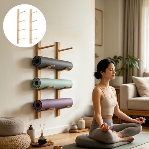Wall Mount Wooden Yoga Mat Storage Rack, Premium Solid Wood Yoga Mat Holder, Space-Saving Yoga Equipment Organizer for Yoga Mats, Towels, Foam Rollers, Easy to Install (Hold 2 Mats Per Pair)