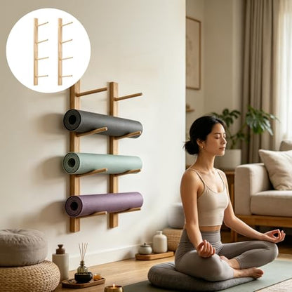Wall Mount Wooden Yoga Mat Storage Rack, Premium Solid Wood Yoga Mat Holder, Space-Saving Yoga Equipment Organizer for Yoga Mats, Towels, Foam Rollers, Easy to Install (Hold 2 Mats Per Pair)