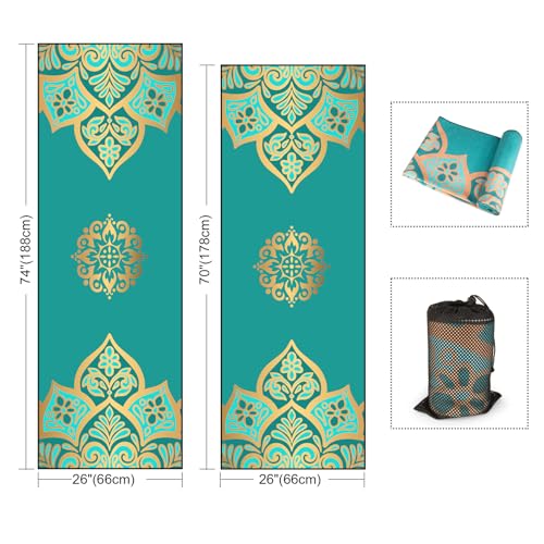 Hot Yoga Towel with Grip Dots, Non Slip, 70"x26, Turquoise Gold Mandala - color: Turquoise Gold Mandala, size: 70" x 26"