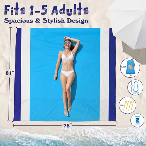 Aroveea Beach Blanket Waterproof Sandproof 78''X81''/10'X9' Oversized Mat - color: Bluewhite, size: 78''x81''