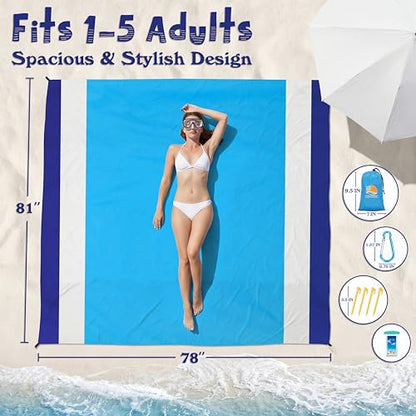 Aroveea Beach Blanket Waterproof Sandproof 78''X81''/10'X9' Oversized Mat - color: Bluewhite, size: 78''x81''