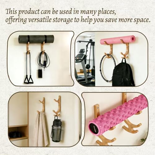 Wooden Yoga Mat Holder Wall Mount, Wooden Yoga Mat Storage Rack, Solid Wooden Yoga Mat Holder, Yoga Mat Holders with hooks Space Saving Yoga Mat Holders for Mats,Resistance Bands,Jump Ropes,Home Fitness Storage
