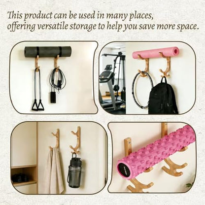 Wooden Yoga Mat Holder Wall Mount, Wooden Yoga Mat Storage Rack, Solid Wooden Yoga Mat Holder, Yoga Mat Holders with hooks Space Saving Yoga Mat Holders for Mats,Resistance Bands,Jump Ropes,Home Fitness Storage