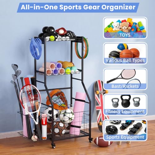 Garage Ball Storage Sports Equipment Organizer with Bat Rack