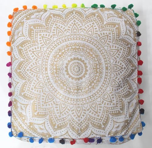 INDIAN CRAFT CASTLE Mandala Mandala Barmeri Large Floor Pillow Cover Cushion Meditation Seating Ottoman Throw Cover Hippie Decorative Zipped Bohemian Pouf Ottoman Cases White Gold Ombre 16" Square