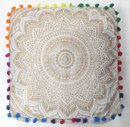 INDIAN CRAFT CASTLE Mandala Mandala Barmeri Large Floor Pillow Cover Cushion Meditation Seating Ottoman Throw Cover Hippie Decorative Zipped Bohemian Pouf Ottoman Cases White Gold Ombre 16" Square