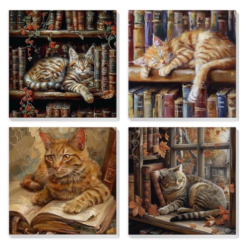 HEIBAGO 4 Pack Framed Paint by Numbers Kit for Adults Beginner, Adult Paint by Number Kits Sleeping Cat, DIY Paint by Numbers for Adults,Small Easy Acrylic Oil Painting for Wall Decor 8 x 8 Inch - color: Sleeping Cat