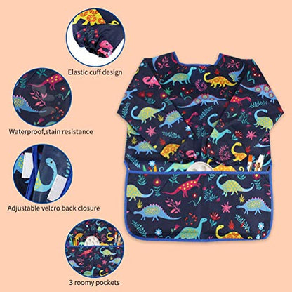 Kids Art Smocks Dinosaur Painting Aprons for Children Waterproof Artist Smock with Long Sleeve and 3 Pockets for Age 3-8 Years (Navy-blue) - color: Dinosaur (Blue)