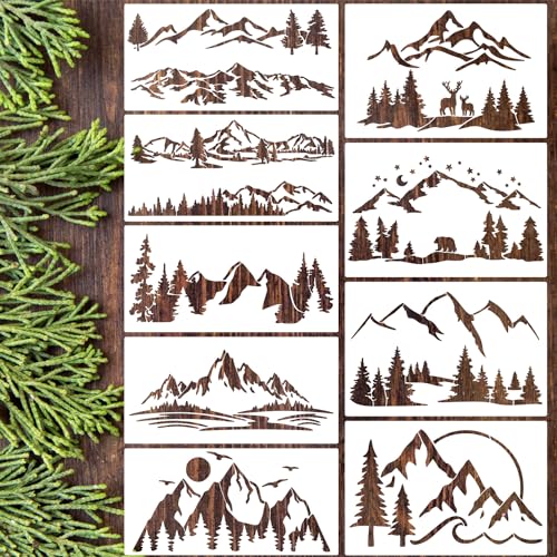 Mountain Stencils for Wood Burning Tree Stencil | Reusable Forest Animal Stencils Drawing Templates for Fabric Furniture Wall DIY Crafts - style: Mountain