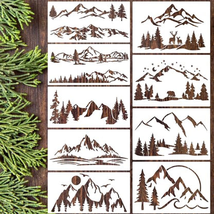 Mountain Stencils for Wood Burning Tree Stencil | Reusable Forest Animal Stencils Drawing Templates for Fabric Furniture Wall DIY Crafts - style: Mountain