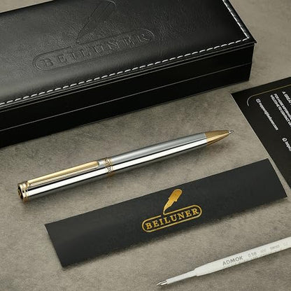 BEILUNER Silver Gold Gel Pen - Luxury Featuring sophisticated chrome finishes, with 24K Gold Accents, Best Pen Gift Set for Men & Women, Business Signature, Executive, Office Retractable Pens - color: Silver Chrome and Gold Finish