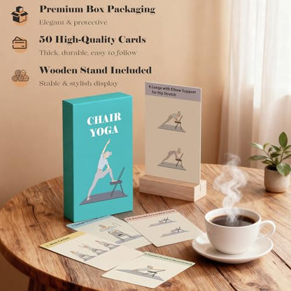 Chair Yoga Cards with Solid Wood Stand for Seniors & Older Adults | 50 Large Print Exercises with 5 Guided Routines | The Perfect Chair Yoga Gift for Balance, Strength & Flexibility