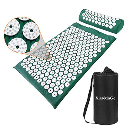 XiaoMaGe 28.7" Acupressure Mat and Pillow Set with Carry Bag (Green) | Large acupuncture mat for neck & back pain relief, muscle relaxation, circulation support, and post-workout recovery - color: Green