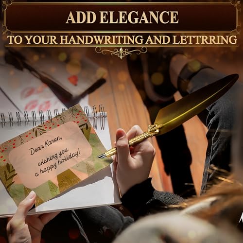 Quill Pen and Ink Set with 5 Nibs, Stainless Steel Dip Pen, Stand | Golden Writing Quill and Ink Set with Gift Box; Anti-Slip Patterned Grip for Signing & Writing | Calligraphy Gift - color: Gold