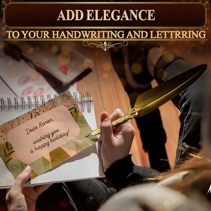 Quill Pen and Ink Set with 5 Nibs, Stainless Steel Dip Pen, Stand | Golden Writing Quill and Ink Set with Gift Box; Anti-Slip Patterned Grip for Signing & Writing | Calligraphy Gift - color: Gold