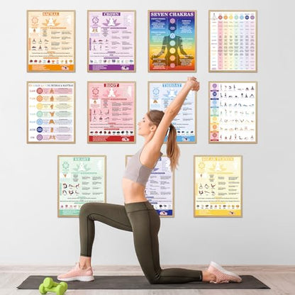 11pcs Chakras Posters (14.2 x 11.0 in) Yoga Poses Posters Set, Healing Meditation Yoga Pose with Crystals & Affirmations Quick Reference Guide, Spiritual wall art Gifts for Yogas Reiki Room Home Decor