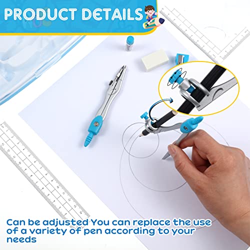 Teling 12 Sets Math Geometry Kit for Students 10 Pcs Compass Geometry Tools Set Includes Rulers Protractor Compass Eraser Pencil Sharpener Lead Refills Pencil (Blue) - color: Blue