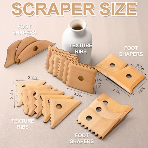 GlikCeil 20 Pcs Pottery Ribs Trimming Tools for Clay Shaping Ceramics Molds | Beech Wood Shaper for Clay Texture Carving, Foot Rib Set for Sculpting Smoothing, Serrated Wave Curved Tool Scrapers