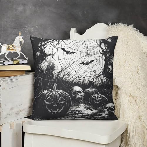 Pumpkins Skulls Spider Web Black White Throw Pillow Covers 18x18 Inch - color: Halloween Pattern Black White