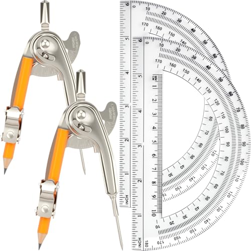 4 Pack Geometry Tool Set, Math Compass for Geometry and 6 Inch Protractor Set Include Metal Compass with Pencil and Clear Plastic Protractor for Student Classroom Office Woodworking Art Drawing - style: 4 Pack