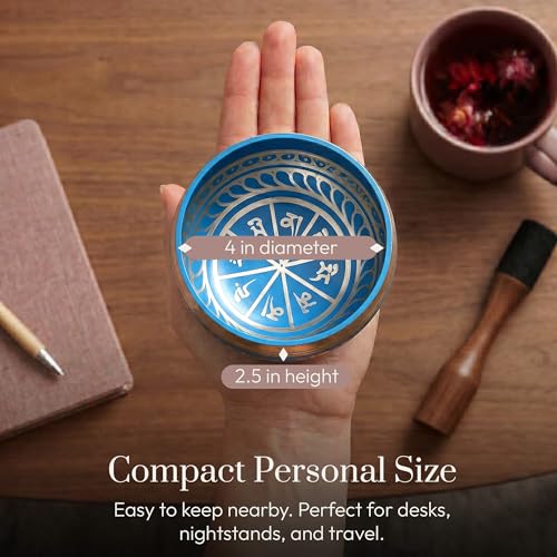 Silent Mind Tibetan Singing Bowl Set – Easy to Play & Beginner Friendly Meditation Bowl with Cushion & Mallet | Stress Relief & Mindfulness | Gift-Ready - color: Blue, size: Without Case