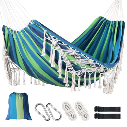 Posprica Brazilian Style Double Hammock with Fringe, 2 Person Patio Hammock for Backyard & Indoor Relaxation, Soft Breathable Fabric, Easy Setup with Straps & Carry Bag, 360 lbs Capacity - color: Blue Stripe