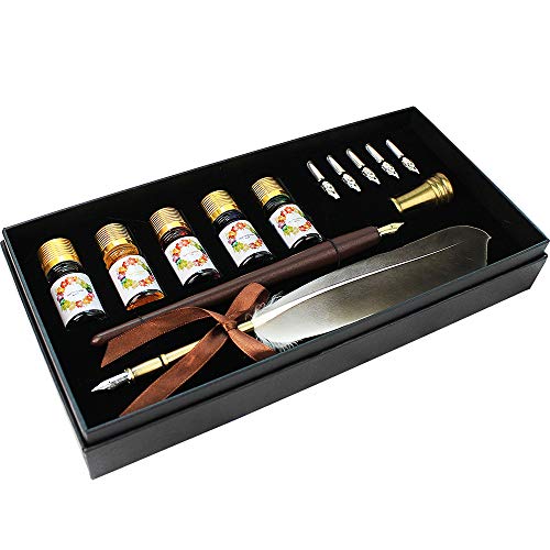 GIFTS Calligraphy Pen Set,12-Piece Kit, 5 Nib & 5 Ink Set,Writing Quill Pen,Anitque Dip Feather Pen Set (wood+feather)