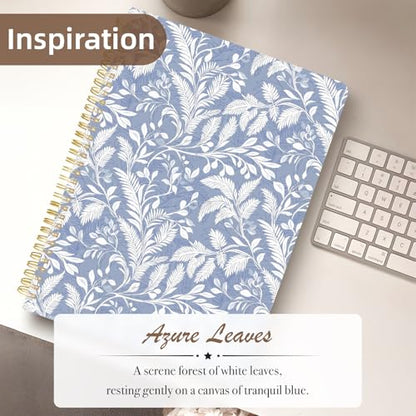Cute Spiral Notebook journal A4 Aesthetic Pretty Design for Women Girls Kawaii with Pocket, 8.5 x 11 inch, Lined, Blue Leaves - color: Blue Leaves, style: Lined