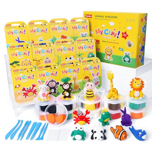 Air Dry Clay Kit for Kids: 12 Animals Clay with Sculpting Tools & Tutorials | Safe Non-Toxic, Easy to Shape, 24H Natural Drying & No Baking, DIY Modeling Craft for Boys Girls in School Class Home Party