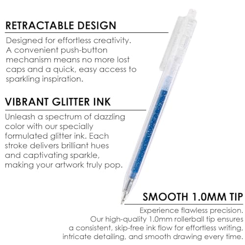 Grabie 18 Color Glitter Gel Pens, Retractable Sparkle Art Pens | Retractable Design, Smooth Gel Ink, Sparkling Finish, Acid Free Ink, Quick Drying, Coloring Books, Journaling, Drawing - color: 18 Colors Retractable Glitter Gel Ink Pens
