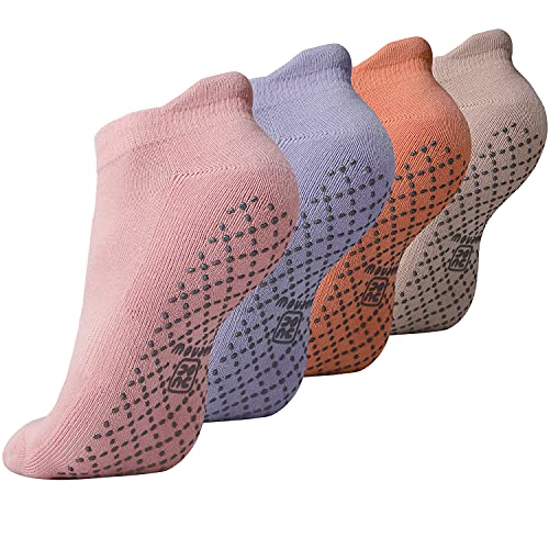 unenow Unisex Non Slip Grip Socks for Yoga Pilates Barre Home & Hospital - color: 4 Pairs-purple Grey/Apricot/Light Orange/Pink, size: Medium