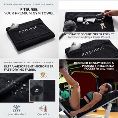 Microfiber Gym Towel with Zipper Pocket – Quick Dry Sweat Absorbent Workout Towel with Secure Pocket for Phone, Keys & Gym Essentials