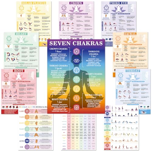 11pcs Chakras Posters (14.2 x 11.0 in) Yoga Poses Posters Set, Healing Meditation Yoga Pose with Crystals & Affirmations Quick Reference Guide, Spiritual wall art Gifts for Yogas Reiki Room Home Decor