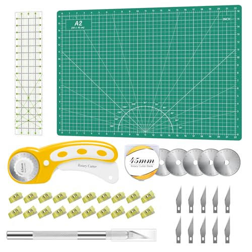Rotary Cutter Set Green - Quilting Kit incl. 45mm Fabric Cutter, 5 Replacement Blades, A2 Cutting Mat, Acrylic Quilting Ruler, Sewing Clips, Craft Knife Set, Ideal for Crafting, Sewing, Patchworking - color: Green, size: A2 Rotary Cutter Set