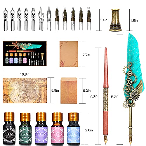 Feather Calligraphy Pen Ink Set, Mechanical Feather Pen and Wooden Dip Pen, 5 Colors of Ink, 12 Replacement Nibs, Pen Holder, Envelope and Letter Paper (Green)