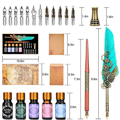 Feather Calligraphy Pen Ink Set, Mechanical Feather Pen and Wooden Dip Pen, 5 Colors of Ink, 12 Replacement Nibs, Pen Holder, Envelope and Letter Paper (Green)