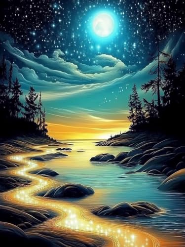DIYDECORFUN Moon Beach Diamond Art Kit for Adults,5D Full Drill Round Diamond Dot Painting for Beginners,DIY Paint with Diamond Beach Gem Art Painting Adult Crafts for Wall Decor 12x16Inch - color: QD90