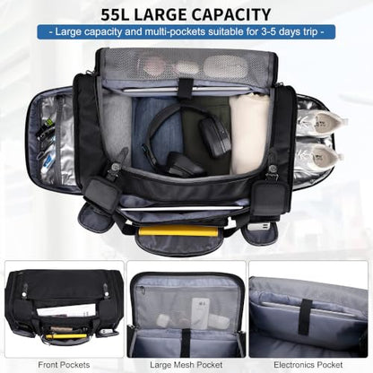 WITZMAN Duffle Bag for Men Large 55L Travel Duffel with Shoe Compartment | Water-resistant Nylon, Dry-wet Pocket, Fits 16" Laptop, Convertible for Gym, Weekender, Sports, Overnight, B717 Black - color: Black