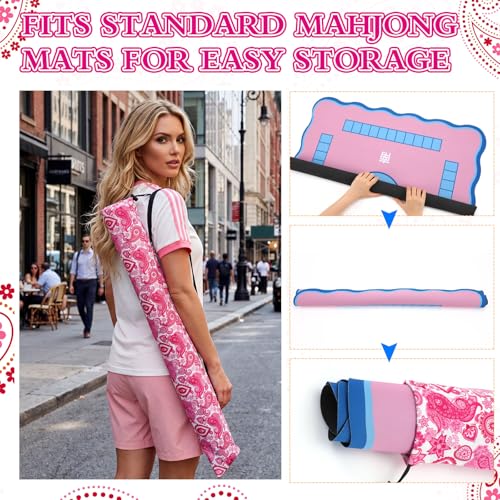 35 Inch Pink Printed Mahjong Mat Carrying Bag with Strap Canvas Drawstring Mahjong Holder Bag for Yoga Mats Board Games Travel Storage