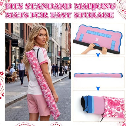 35 Inch Pink Printed Mahjong Mat Carrying Bag with Strap Canvas Drawstring Mahjong Holder Bag for Yoga Mats Board Games Travel Storage