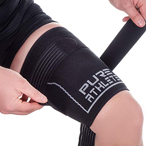 Pure Athlete 허벅지 압박 슬리브 - 조절 가능한 스트랩 쿼드 랩 서포트 브레이스, 햄스트링 상단 레그 - size: 라지