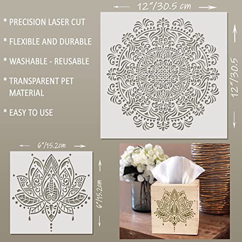 11 Pc Large Mandala Stencils for Painting - Stencils for Crafts Reusable for Floors, Tile & Wood - Rangoli Stencil -Wall Stencils for Painting Large Pattern - Paint Stencil Template 12 inch & 6 inch